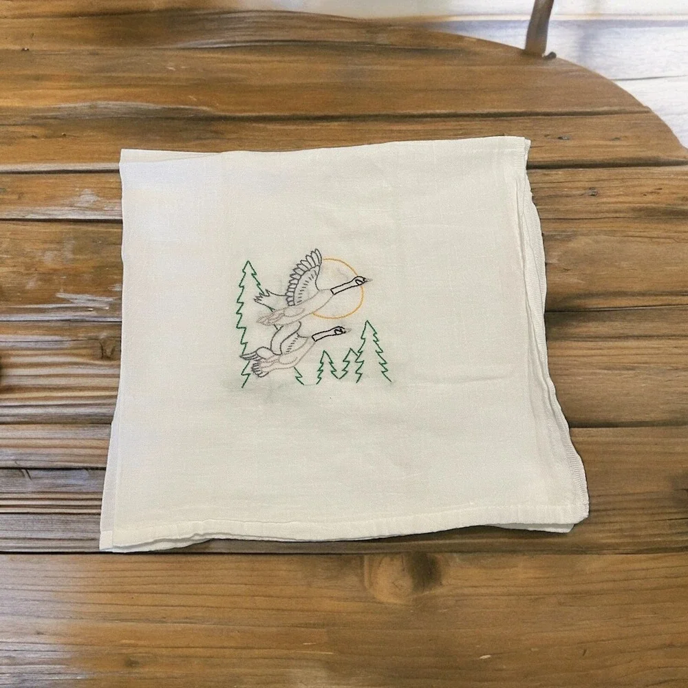 Lot Of 2 Hand Embrodered Cheese Cloth Towels With Deer & Geese Scene
